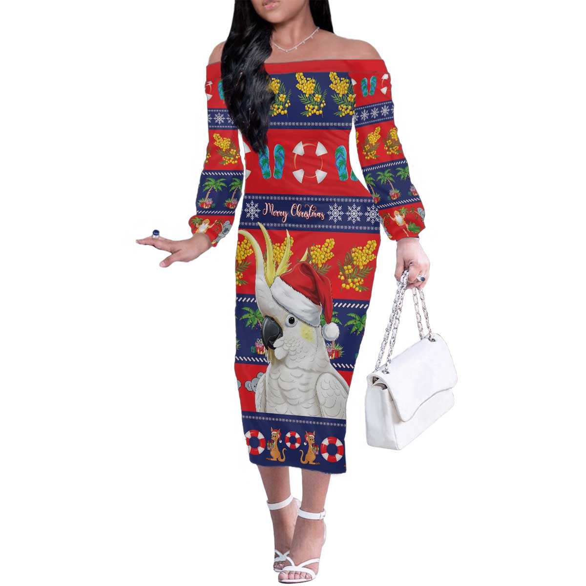 Sulphur-crested Cockatoo Australia Christmas Family Matching Off The Shoulder Long Sleeve Dress and Hawaiian Shirt Aussie Xmas Beach Vibes - Aussie Hoodie