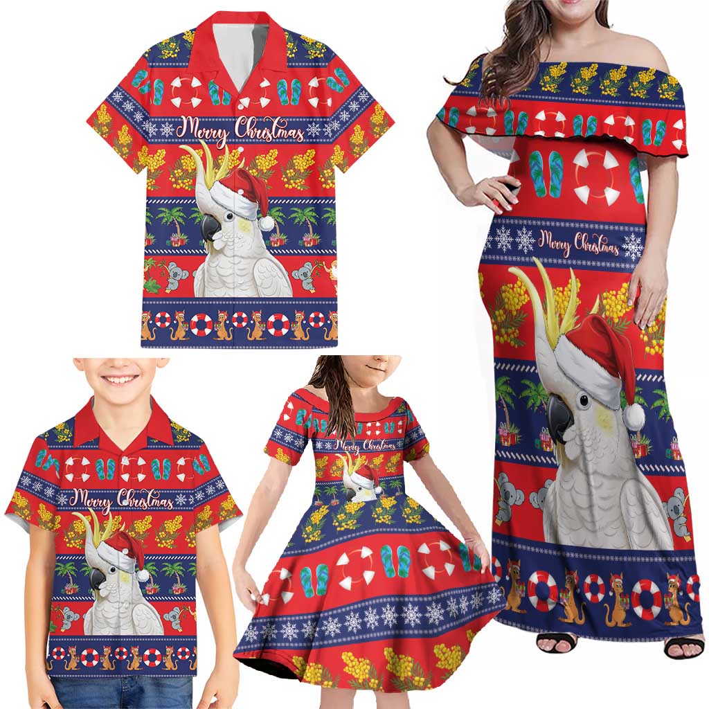 Sulphur-crested Cockatoo Australia Christmas Family Matching Off Shoulder Maxi Dress and Hawaiian Shirt Aussie Xmas Beach Vibes - Aussie Hoodie