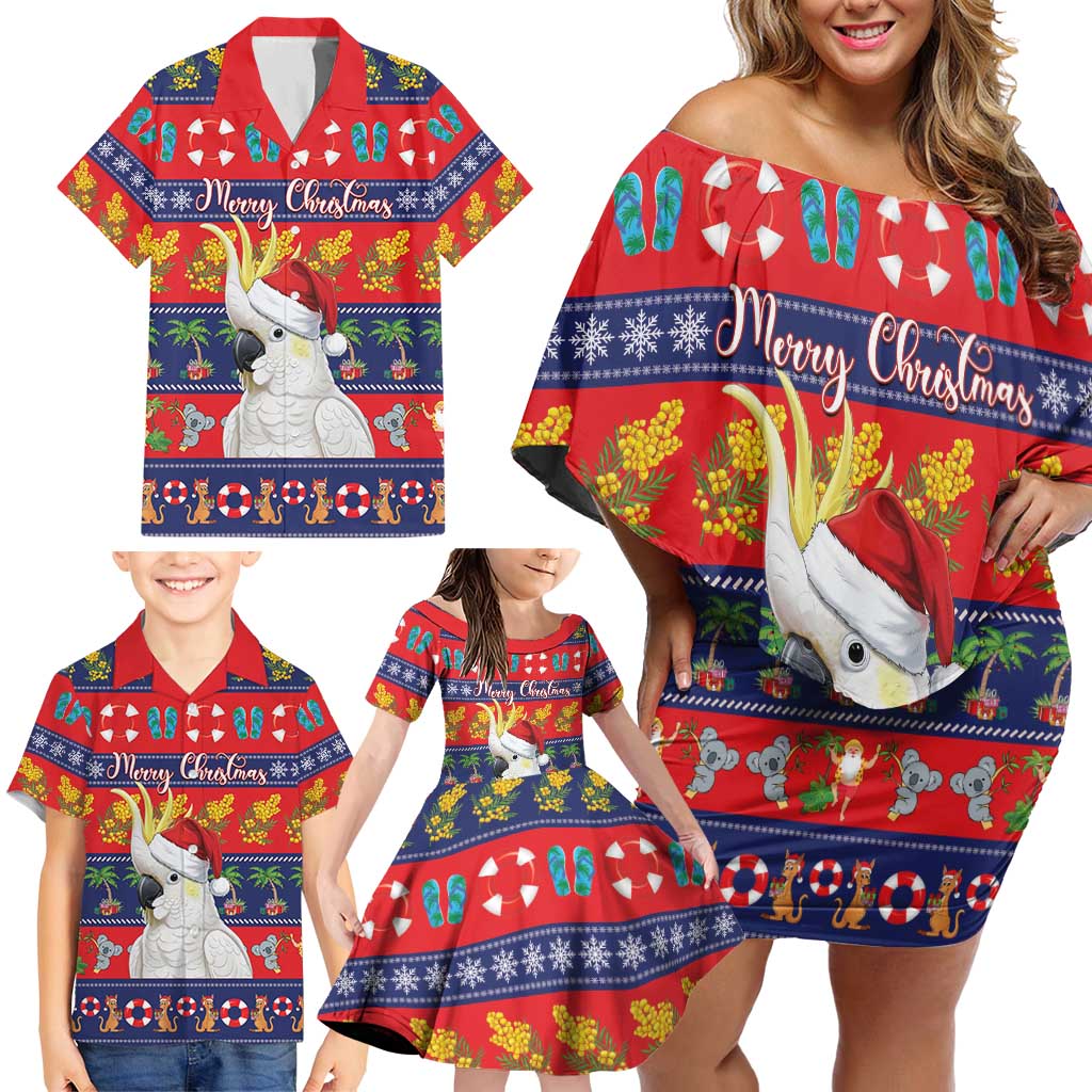 Sulphur-crested Cockatoo Australia Christmas Family Matching Off Shoulder Short Dress and Hawaiian Shirt Aussie Xmas Beach Vibes - Aussie Hoodie
