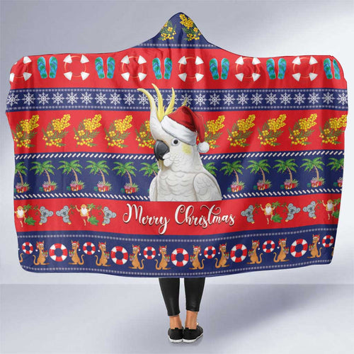 Sulphur-crested Cockatoo Australia Christmas Hooded Blanket Aussie Xmas Beach Vibes - Aussie Hoodie