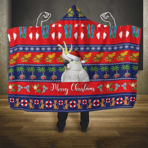 Sulphur-crested Cockatoo Australia Christmas Hooded Blanket Aussie Xmas Beach Vibes - Aussie Hoodie