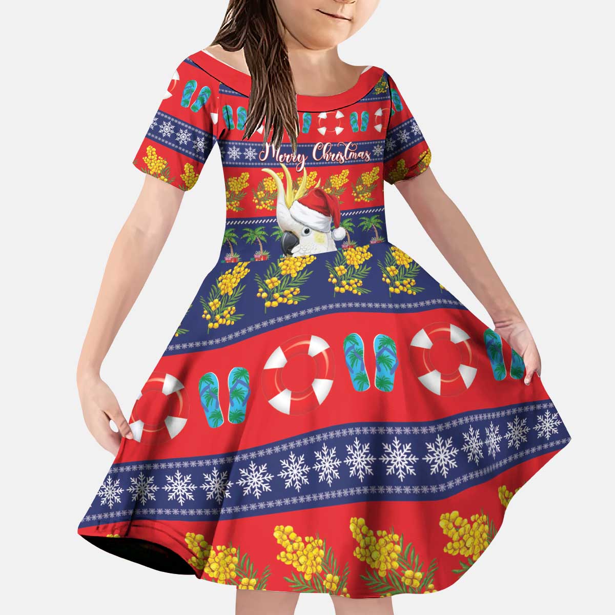 Sulphur-crested Cockatoo Australia Christmas Kid Short Sleeve Dress Aussie Xmas Beach Vibes - Aussie Hoodie