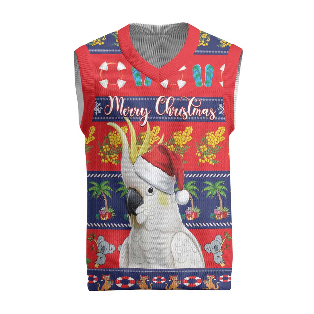 Sulphur-crested Cockatoo Australia Christmas Knitted V-Neck Vest Aussie Xmas Beach Vibes - Aussie Hoodie