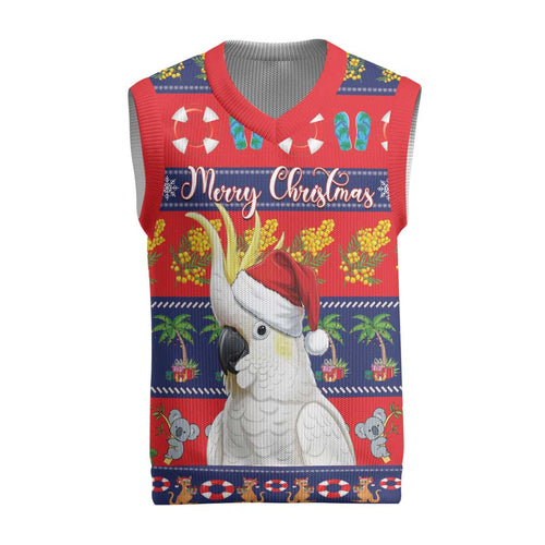 Sulphur-crested Cockatoo Australia Christmas Knitted V-Neck Vest Aussie Xmas Beach Vibes - Aussie Hoodie