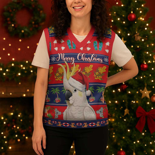 Sulphur-crested Cockatoo Australia Christmas Knitted V-Neck Vest Aussie Xmas Beach Vibes - Aussie Hoodie