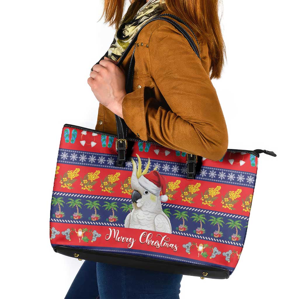 Sulphur-crested Cockatoo Australia Christmas Leather Tote Bag Aussie Xmas Beach Vibes - Aussie Hoodie
