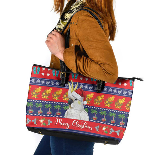 Sulphur-crested Cockatoo Australia Christmas Leather Tote Bag Aussie Xmas Beach Vibes - Aussie Hoodie