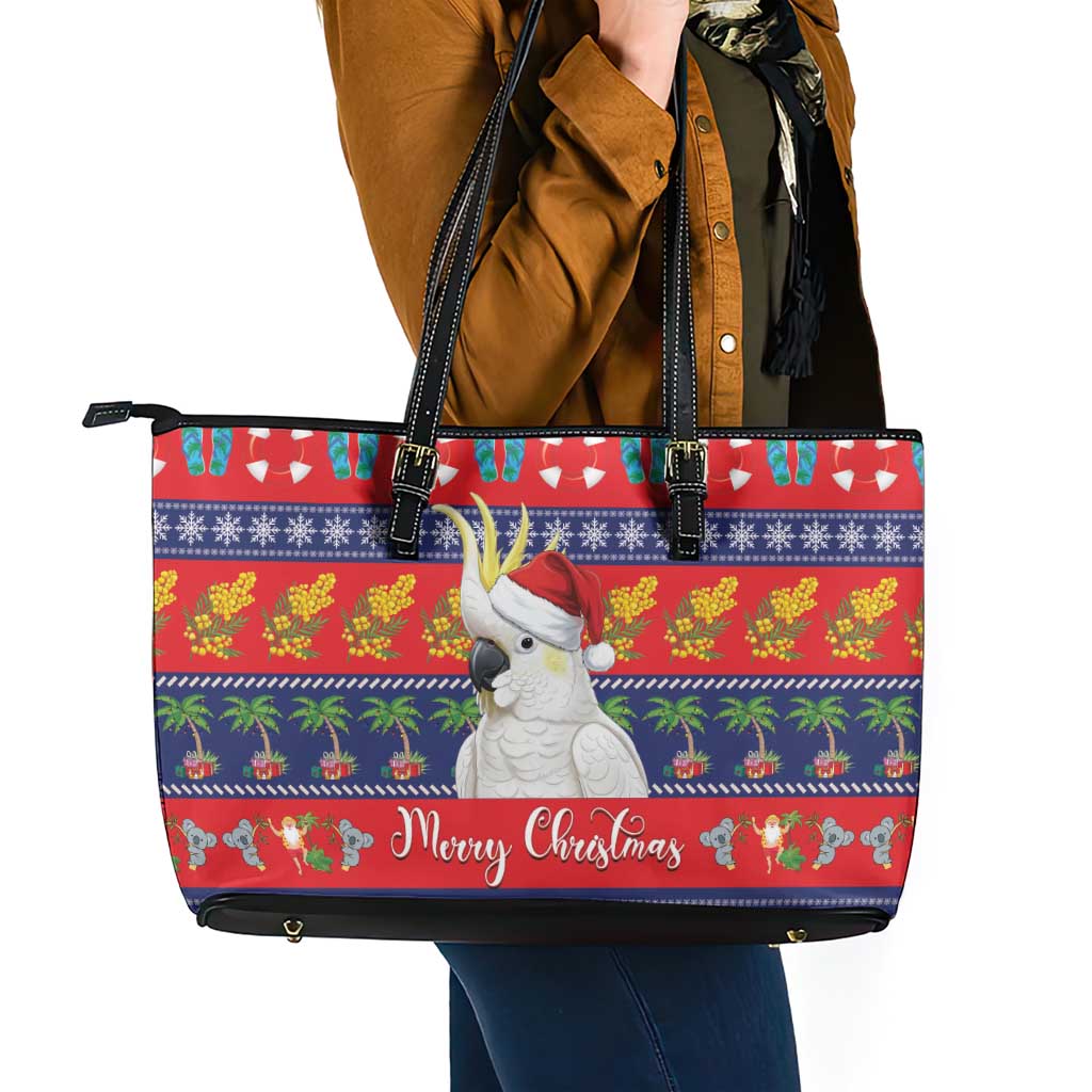 Sulphur-crested Cockatoo Australia Christmas Leather Tote Bag Aussie Xmas Beach Vibes - Aussie Hoodie
