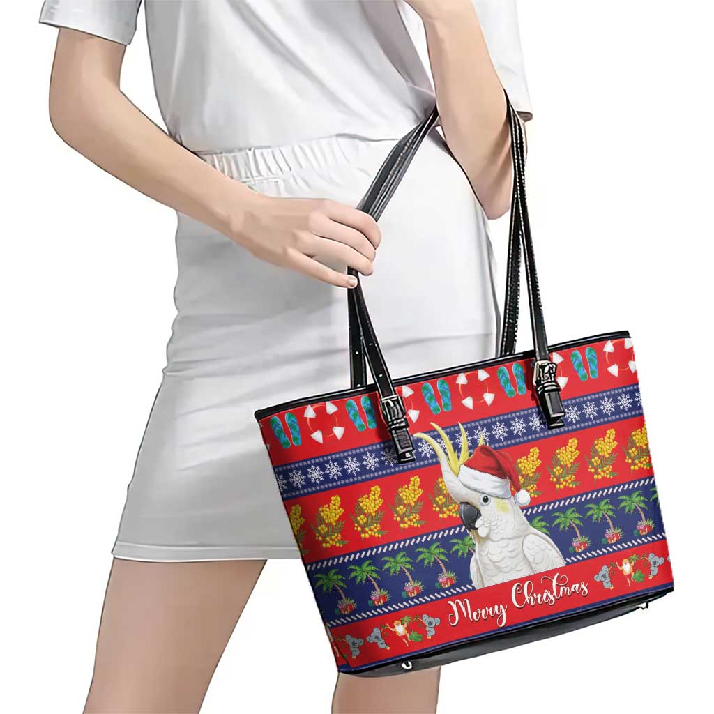 Sulphur-crested Cockatoo Australia Christmas Leather Tote Bag Aussie Xmas Beach Vibes - Aussie Hoodie