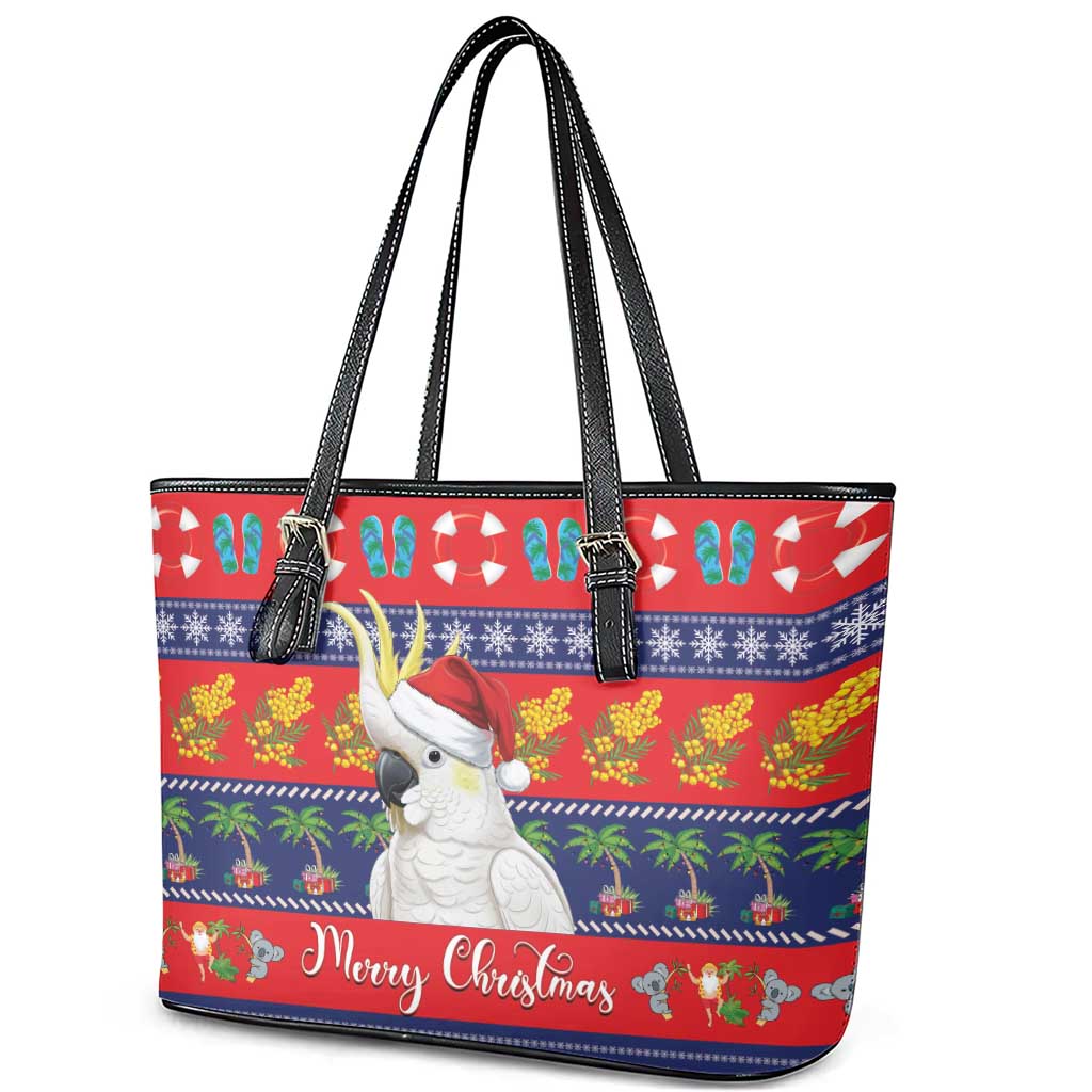Sulphur-crested Cockatoo Australia Christmas Leather Tote Bag Aussie Xmas Beach Vibes - Aussie Hoodie
