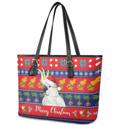 Sulphur-crested Cockatoo Australia Christmas Leather Tote Bag Aussie Xmas Beach Vibes - Aussie Hoodie