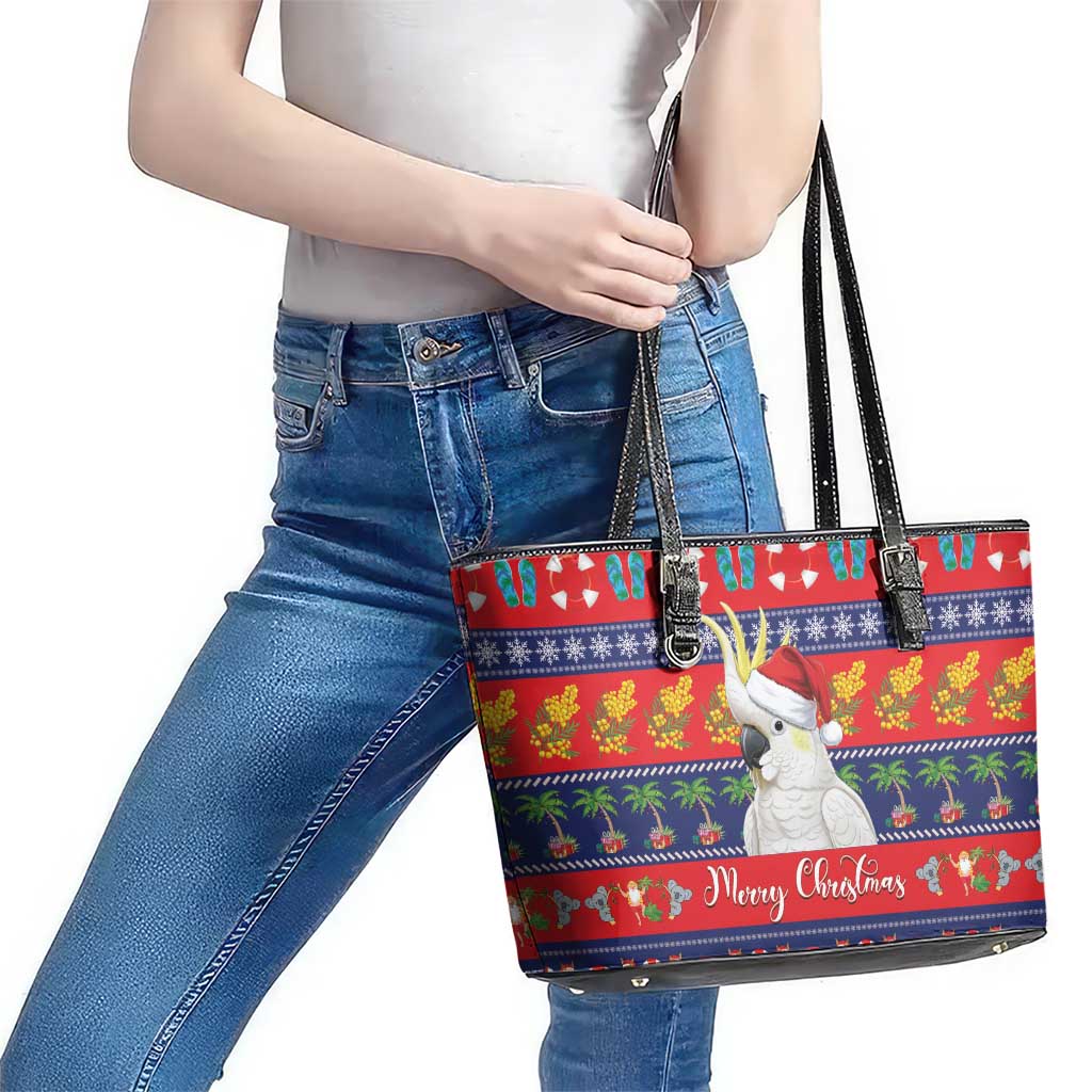 Sulphur-crested Cockatoo Australia Christmas Leather Tote Bag Aussie Xmas Beach Vibes - Aussie Hoodie