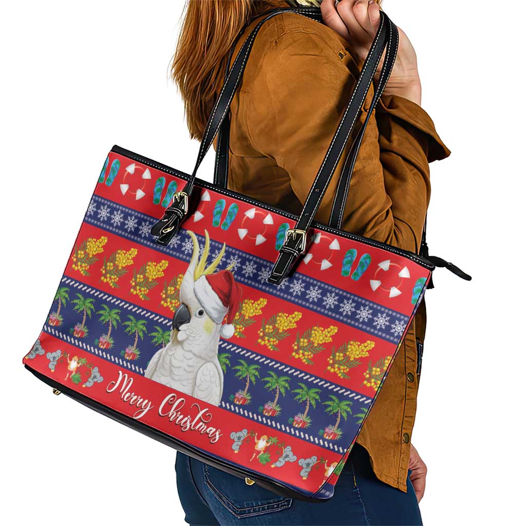 Sulphur-crested Cockatoo Australia Christmas Leather Tote Bag Aussie Xmas Beach Vibes - Aussie Hoodie