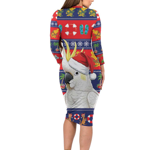Sulphur-crested Cockatoo Australia Christmas Long Sleeve Bodycon Dress Aussie Xmas Beach Vibes - Aussie Hoodie