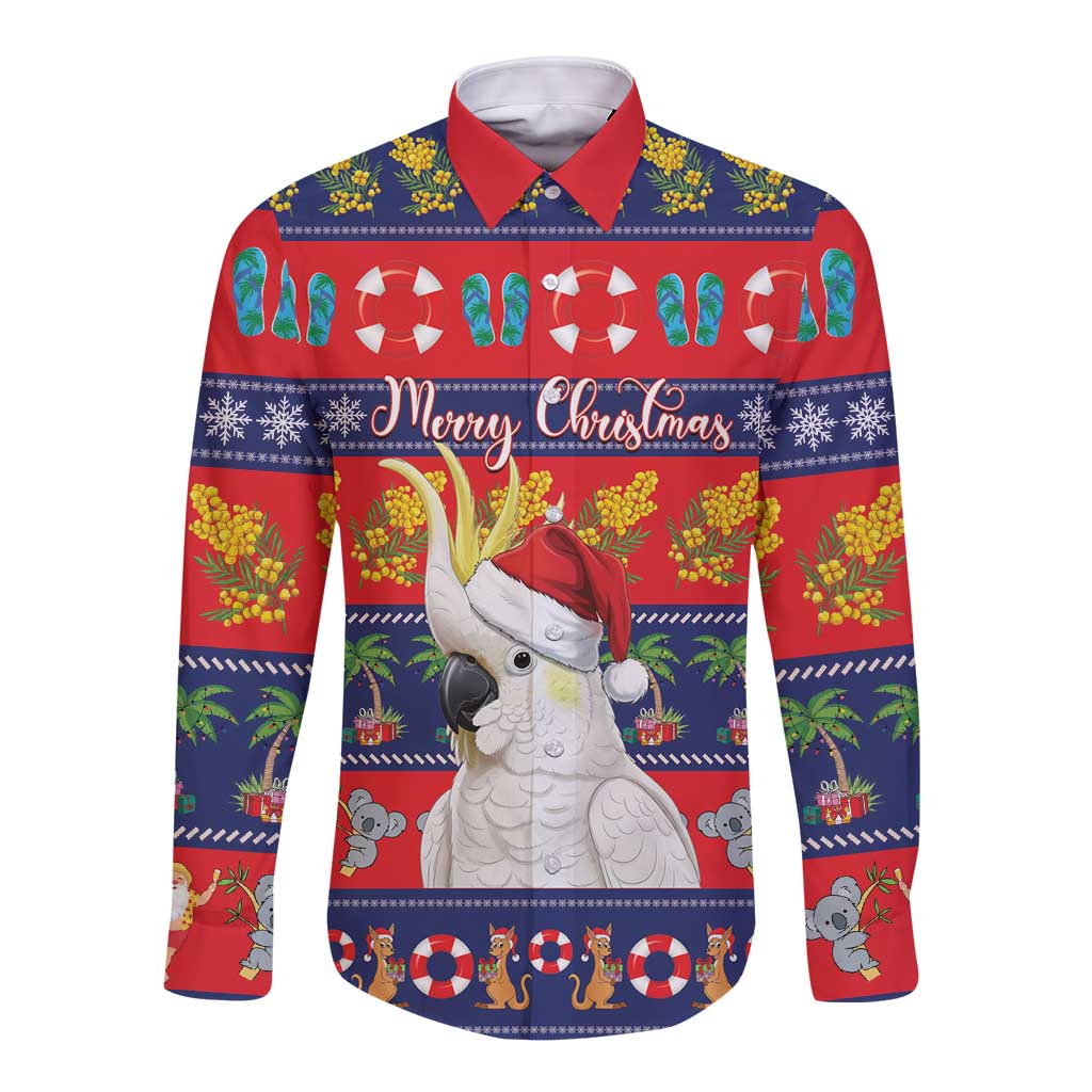 Sulphur-crested Cockatoo Australia Christmas Long Sleeve Button Shirt Aussie Xmas Beach Vibes - Aussie Hoodie