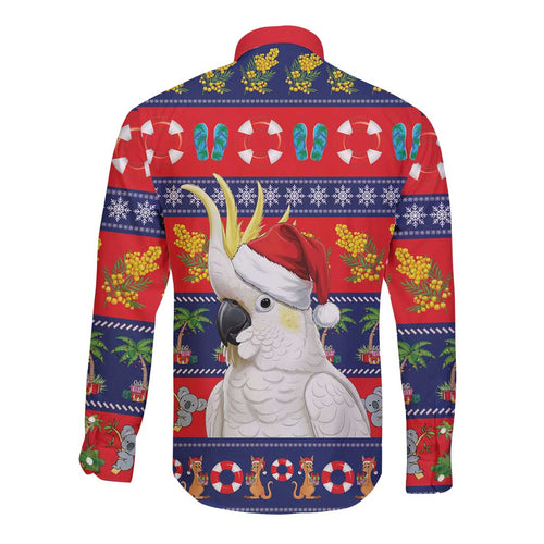 Sulphur-crested Cockatoo Australia Christmas Long Sleeve Button Shirt Aussie Xmas Beach Vibes - Aussie Hoodie