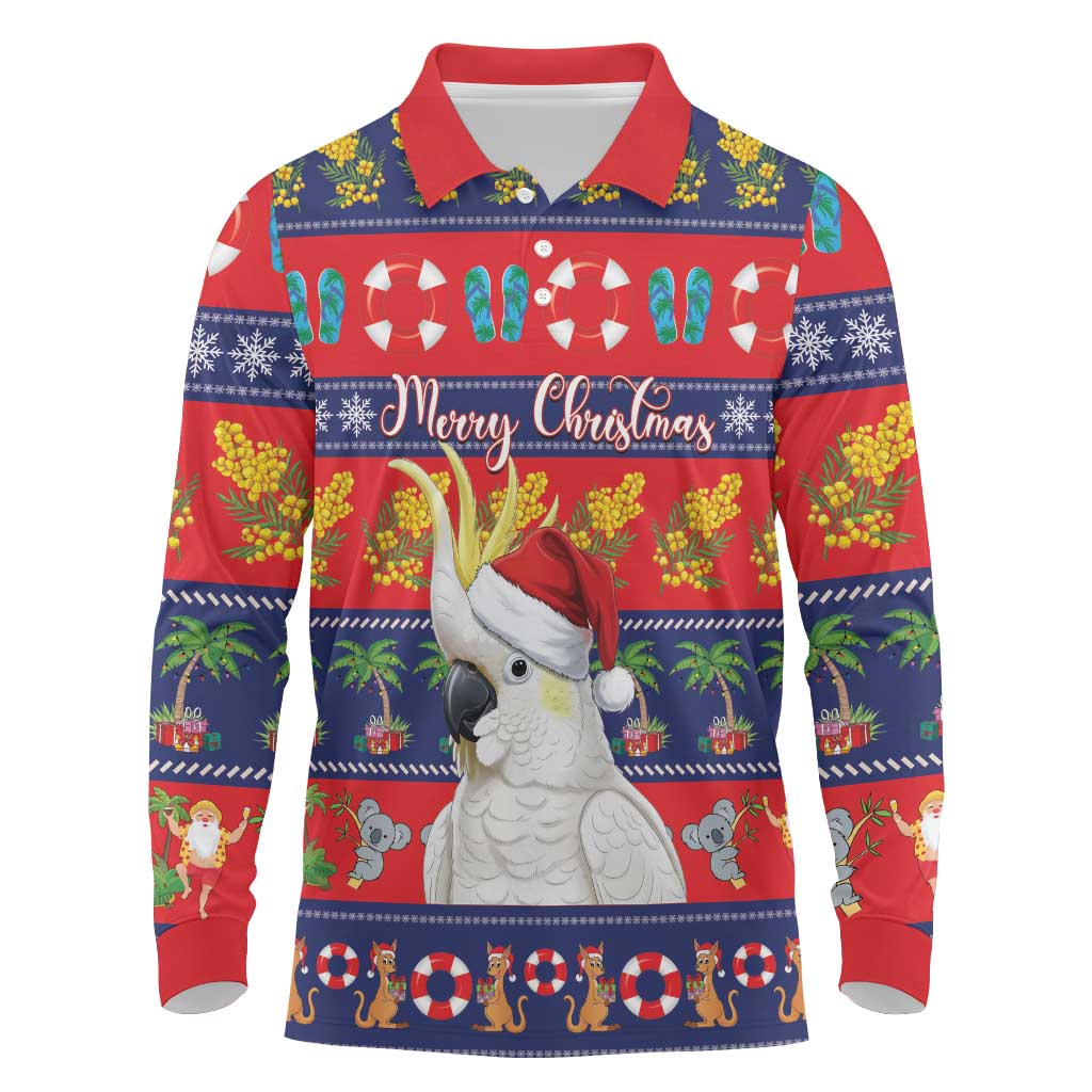 Sulphur-crested Cockatoo Australia Christmas Long Sleeve Polo Shirt Aussie Xmas Beach Vibes - Aussie Hoodie