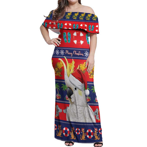 Sulphur-crested Cockatoo Australia Christmas Off Shoulder Maxi Dress Aussie Xmas Beach Vibes - Aussie Hoodie