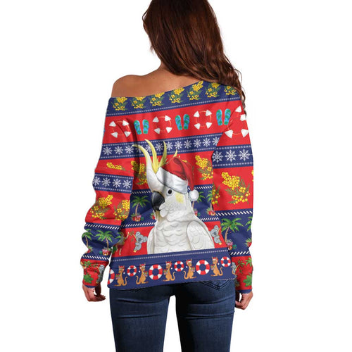 Sulphur-crested Cockatoo Australia Christmas Off Shoulder Sweater Aussie Xmas Beach Vibes - Aussie Hoodie