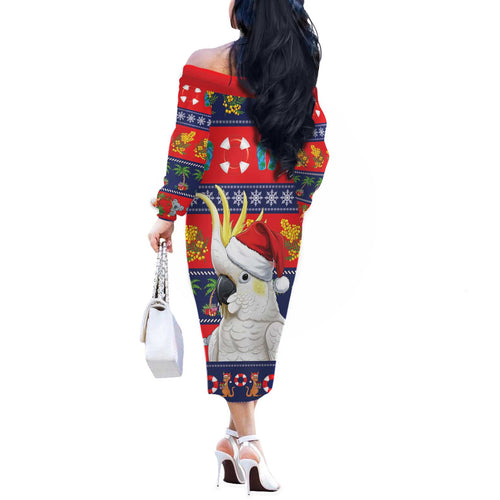 Sulphur-crested Cockatoo Australia Christmas Off The Shoulder Long Sleeve Dress Aussie Xmas Beach Vibes - Aussie Hoodie