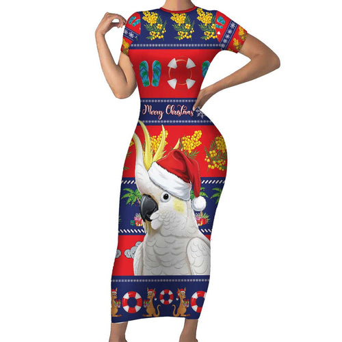 Sulphur-crested Cockatoo Australia Christmas Short Sleeve Bodycon Dress Aussie Xmas Beach Vibes - Aussie Hoodie