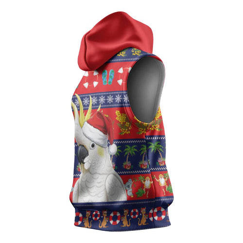 Sulphur-crested Cockatoo Australia Christmas Sleeveless Hoodie Aussie Xmas Beach Vibes - Aussie Hoodie