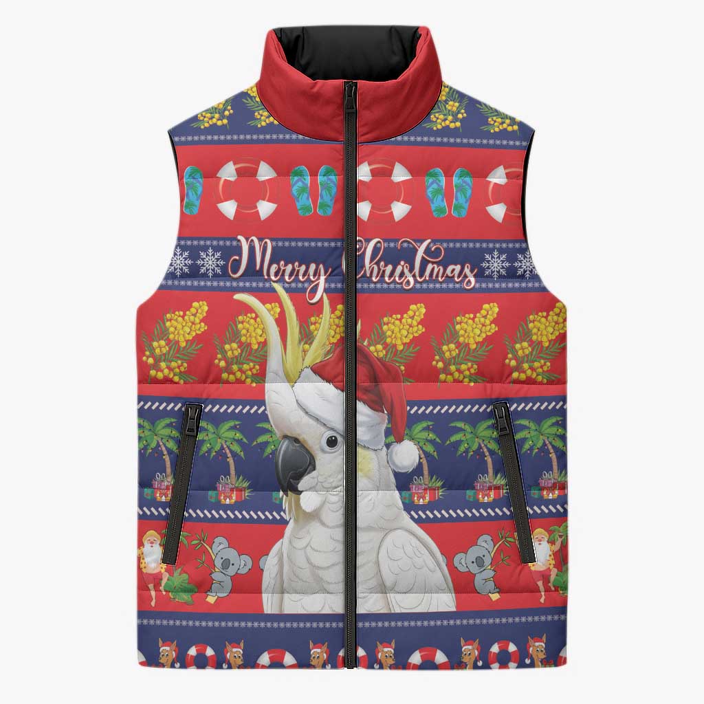 Sulphur-crested Cockatoo Australia Christmas Sleeveless Puffer Jacket Aussie Xmas Beach Vibes - Aussie Hoodie