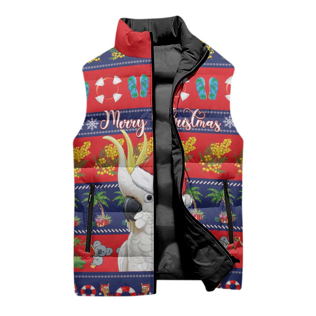 Sulphur-crested Cockatoo Australia Christmas Sleeveless Puffer Jacket Aussie Xmas Beach Vibes - Aussie Hoodie