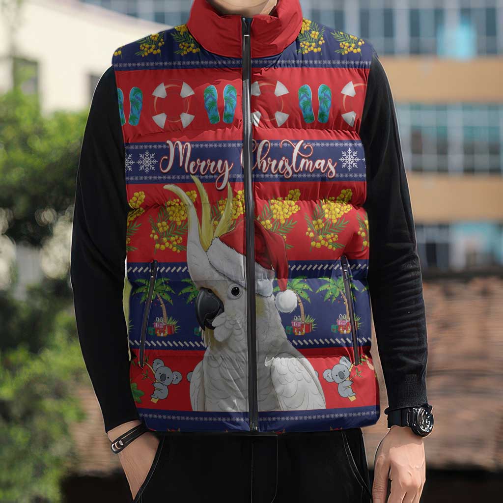 Sulphur-crested Cockatoo Australia Christmas Sleeveless Puffer Jacket Aussie Xmas Beach Vibes - Aussie Hoodie