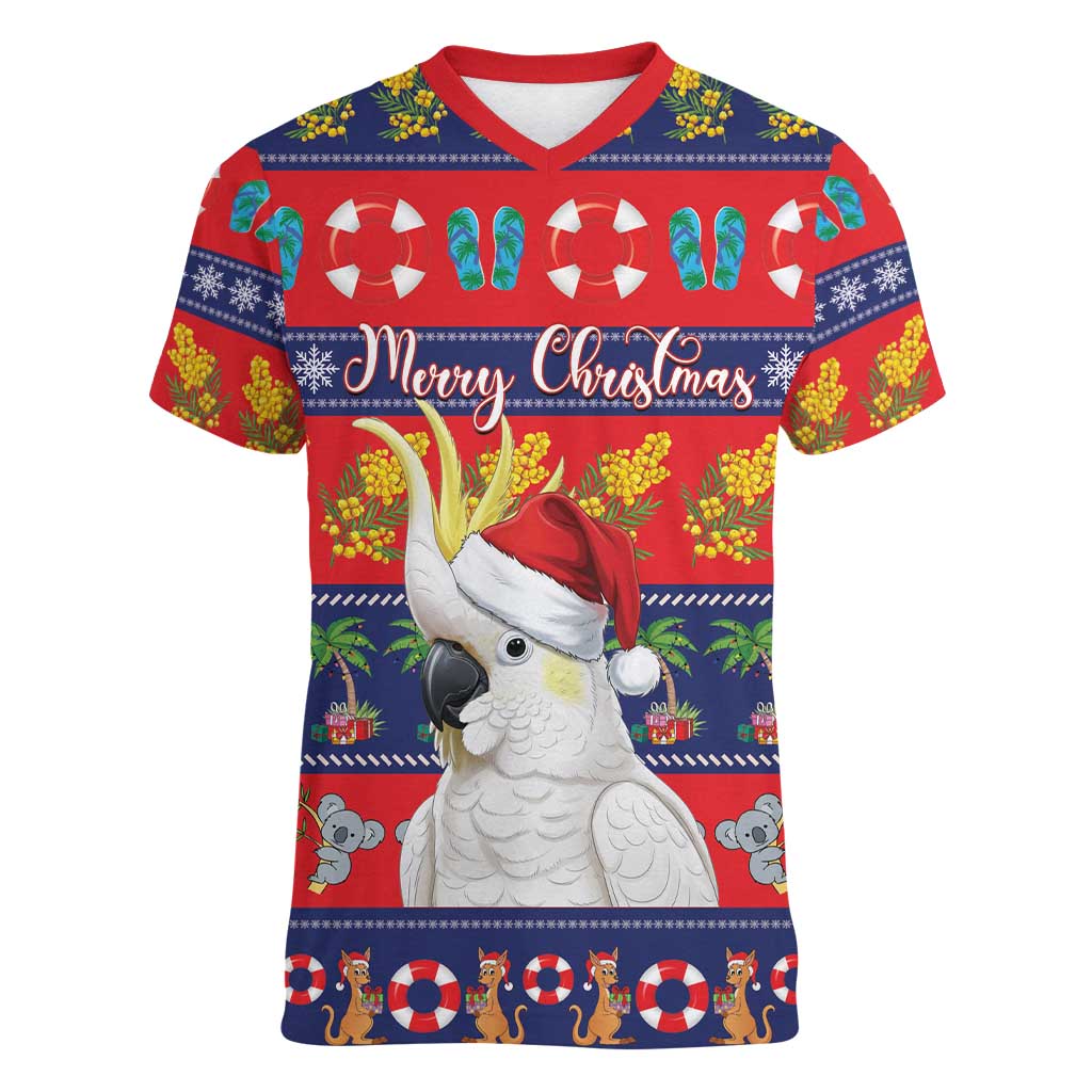 Sulphur-crested Cockatoo Australia Christmas Women V-Neck T-Shirt Aussie Xmas Beach Vibes - Aussie Hoodie