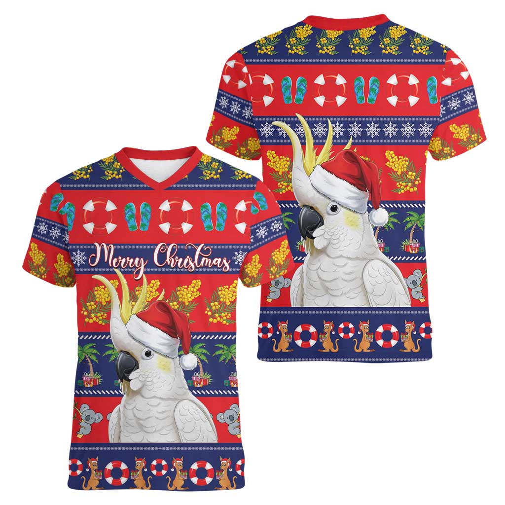 Sulphur-crested Cockatoo Australia Christmas Women V-Neck T-Shirt Aussie Xmas Beach Vibes - Aussie Hoodie