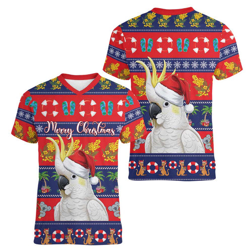Sulphur-crested Cockatoo Australia Christmas Women V-Neck T-Shirt Aussie Xmas Beach Vibes - Aussie Hoodie