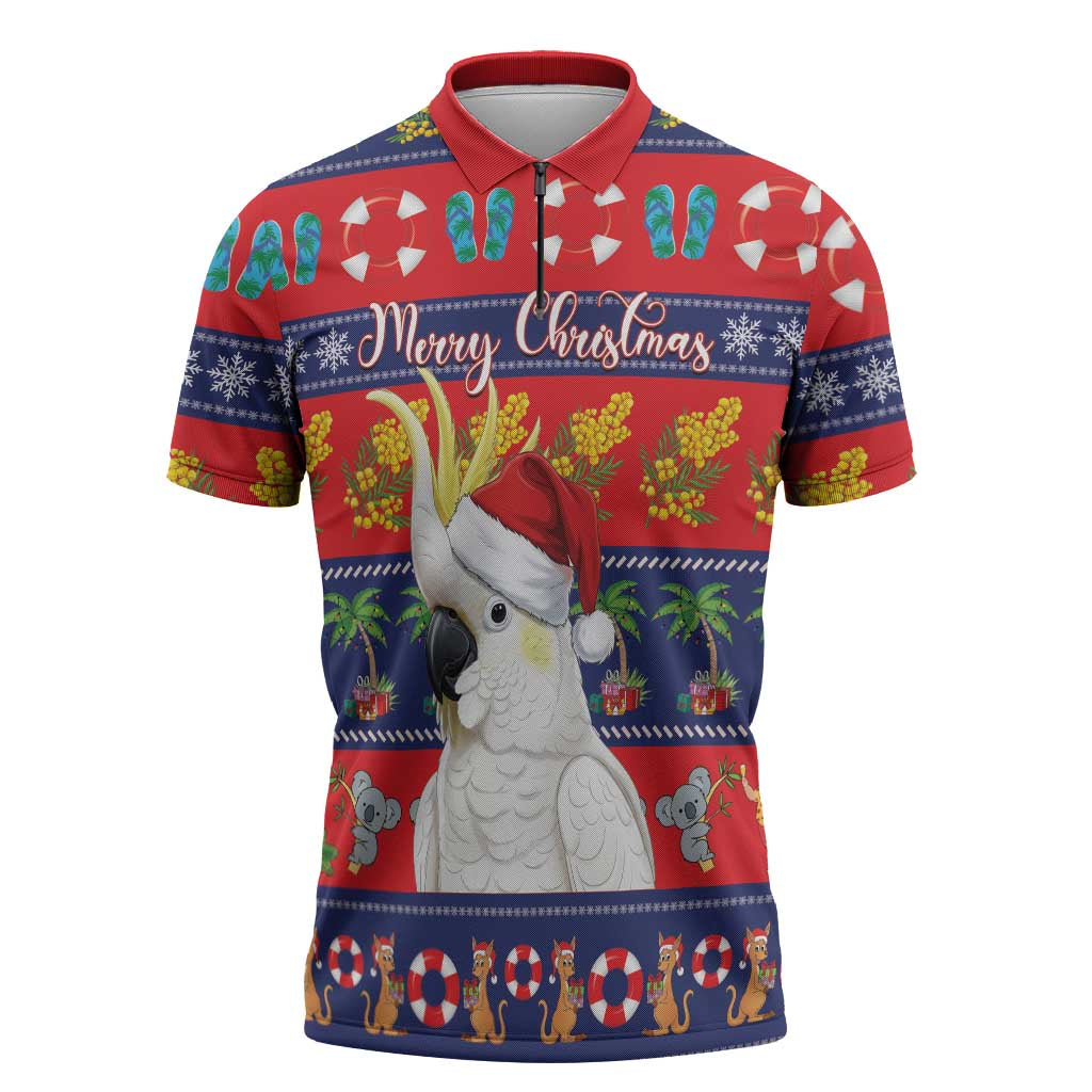 Sulphur-crested Cockatoo Australia Christmas Zipper Polo Shirt Aussie Xmas Beach Vibes - Aussie Hoodie