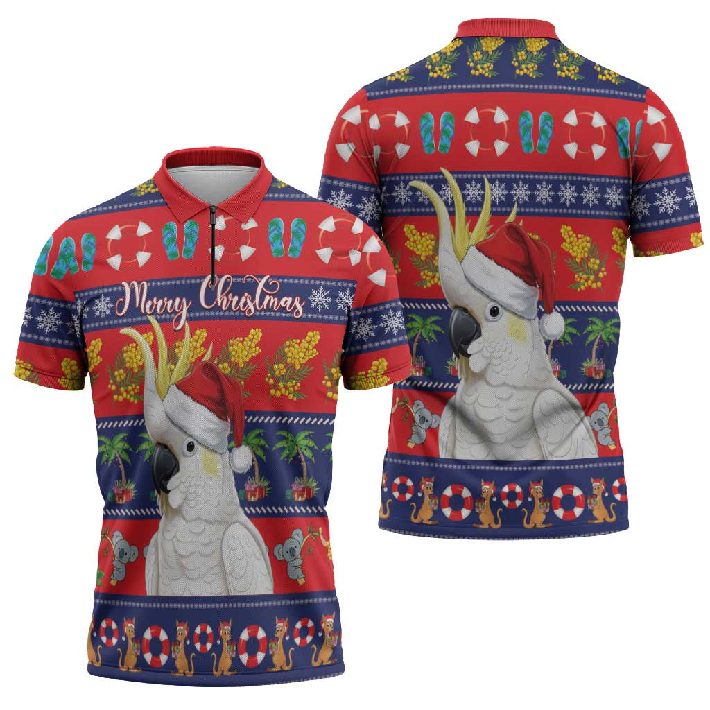 Sulphur-crested Cockatoo Australia Christmas Zipper Polo Shirt Aussie Xmas Beach Vibes - Aussie Hoodie