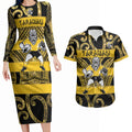 Taranaki Custom Rugby New Zealand Couples Matching Long Sleeve Bodycon Dress and Hawaiian Shirt Aotearoa Maori Pukana Tiki Mascot
