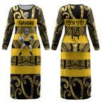 Taranaki Custom Rugby New Zealand Couples Matching Long Sleeve Bodycon Dress and Hawaiian Shirt Aotearoa Maori Pukana Tiki Mascot