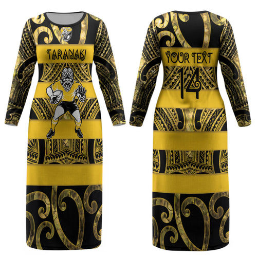Taranaki Custom Rugby New Zealand Couples Matching Long Sleeve Bodycon Dress and Long Sleeve Button Shirt Aotearoa Maori Pukana Tiki Mascot