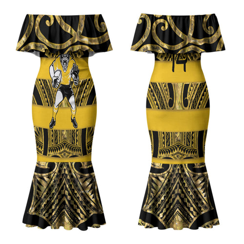 Taranaki Custom Rugby New Zealand Couples Matching Mermaid Dress and Hawaiian Shirt Aotearoa Maori Pukana Tiki Mascot