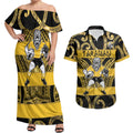 Taranaki Custom Rugby New Zealand Couples Matching Off Shoulder Maxi Dress and Hawaiian Shirt Aotearoa Maori Pukana Tiki Mascot