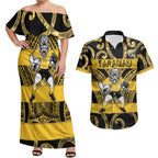 Taranaki Custom Rugby New Zealand Couples Matching Off Shoulder Maxi Dress and Hawaiian Shirt Aotearoa Maori Pukana Tiki Mascot