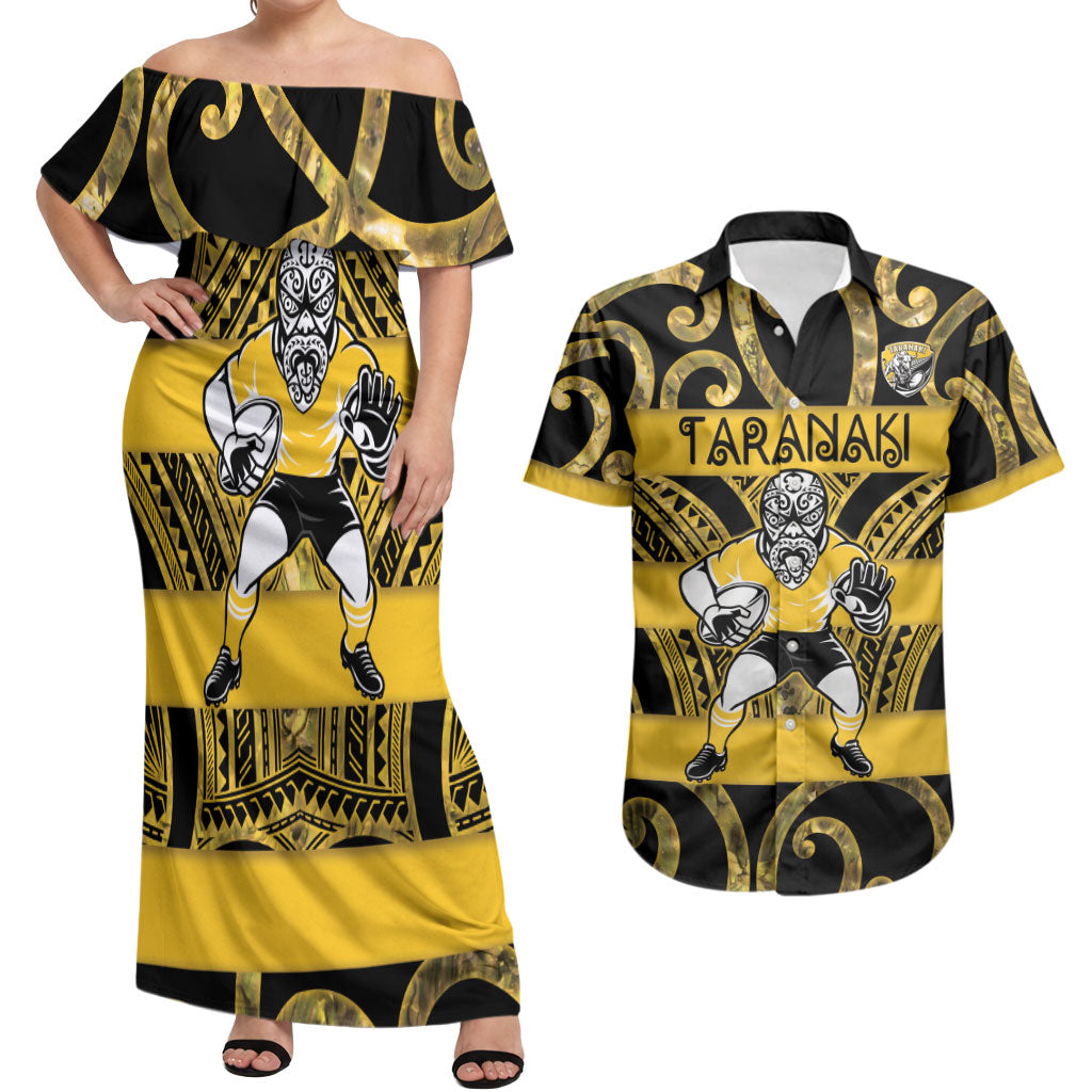 Taranaki Custom Rugby New Zealand Couples Matching Off Shoulder Maxi Dress and Hawaiian Shirt Aotearoa Maori Pukana Tiki Mascot