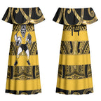 Taranaki Custom Rugby New Zealand Couples Matching Off Shoulder Maxi Dress and Hawaiian Shirt Aotearoa Maori Pukana Tiki Mascot