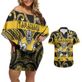 Taranaki Custom Rugby New Zealand Couples Matching Off Shoulder Short Dress and Hawaiian Shirt Aotearoa Maori Pukana Tiki Mascot