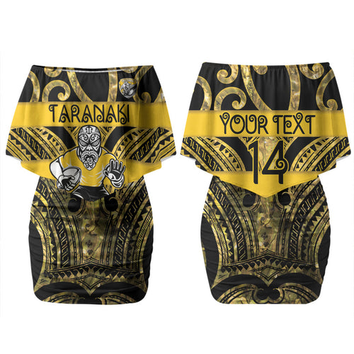 Taranaki Custom Rugby New Zealand Couples Matching Off Shoulder Short Dress and Long Sleeve Button Shirt Aotearoa Maori Pukana Tiki Mascot