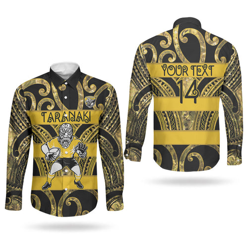 Taranaki Custom Rugby New Zealand Couples Matching Puletasi and Long Sleeve Button Shirt Aotearoa Maori Pukana Tiki Mascot
