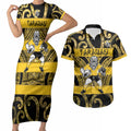 Taranaki Custom Rugby New Zealand Couples Matching Short Sleeve Bodycon Dress and Hawaiian Shirt Aotearoa Maori Pukana Tiki Mascot