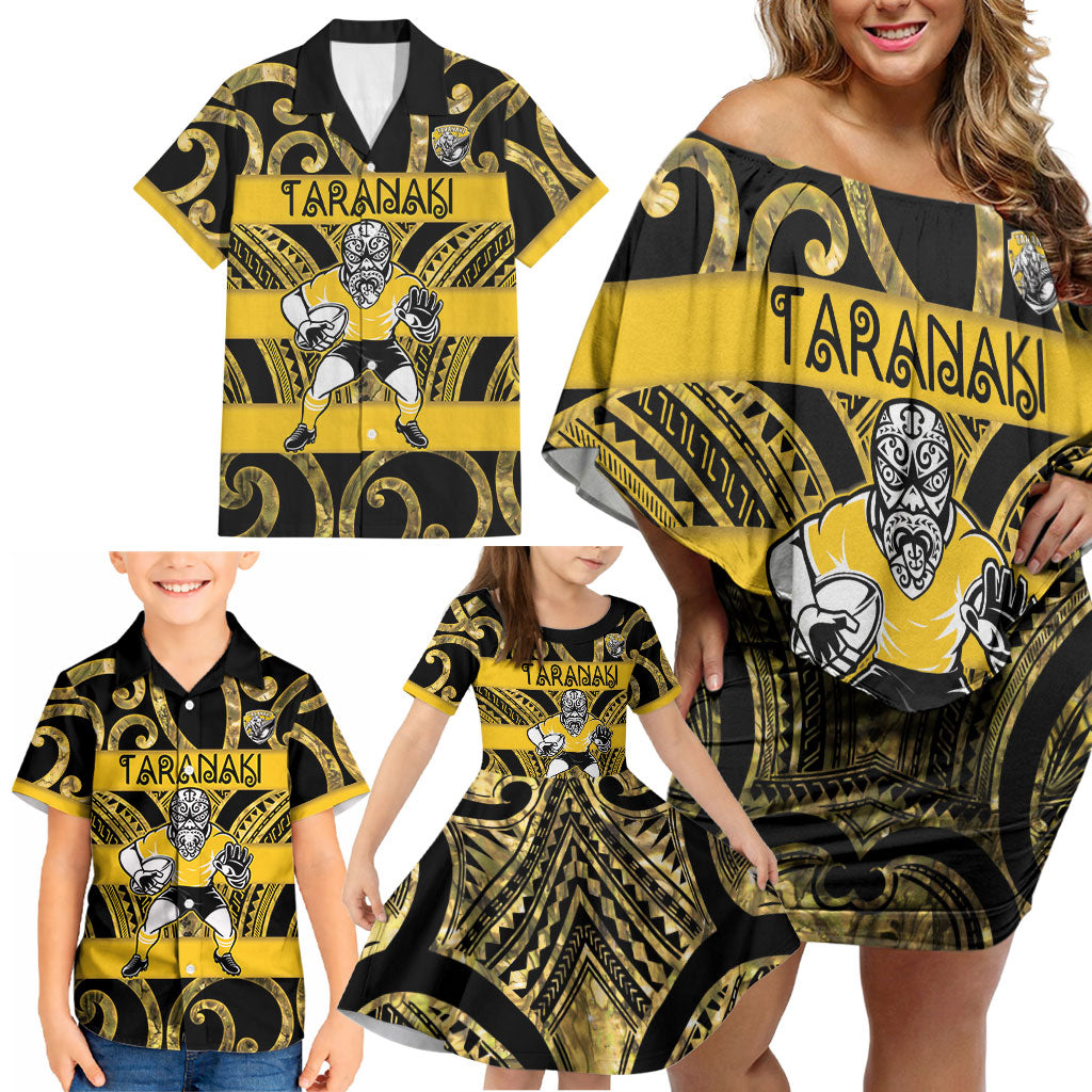 Taranaki Custom Rugby New Zealand Family Matching Off Shoulder Short Dress and Hawaiian Shirt Aotearoa Maori Pukana Tiki Mascot