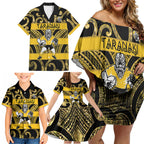Taranaki Custom Rugby New Zealand Family Matching Off Shoulder Short Dress and Hawaiian Shirt Aotearoa Maori Pukana Tiki Mascot