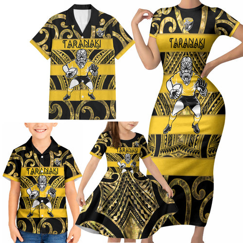 Taranaki Custom Rugby New Zealand Family Matching Short Sleeve Bodycon Dress and Hawaiian Shirt Aotearoa Maori Pukana Tiki Mascot