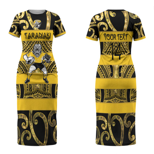 Taranaki Custom Rugby New Zealand Family Matching Short Sleeve Bodycon Dress and Hawaiian Shirt Aotearoa Maori Pukana Tiki Mascot